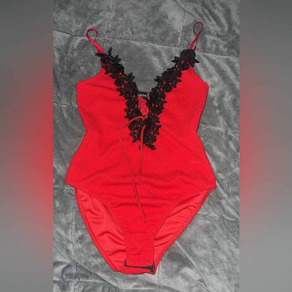 Red Lace Trim Bodysuit